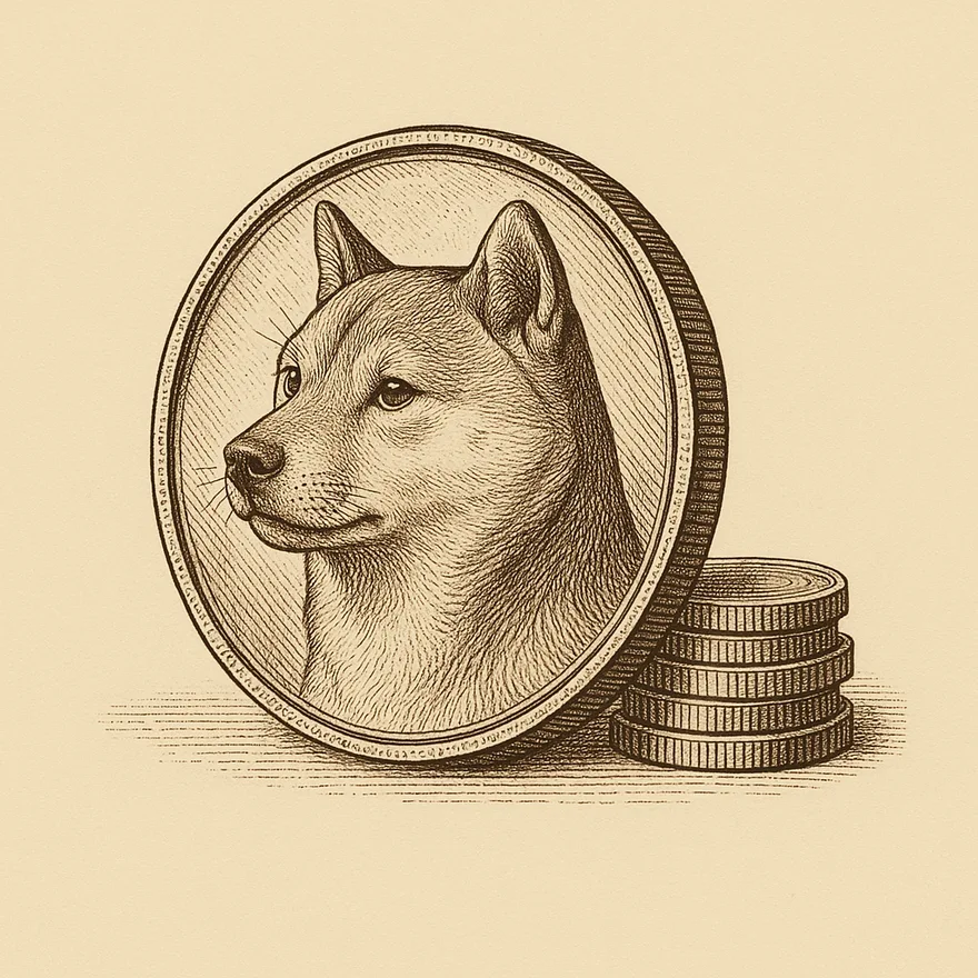 Engraving of a large minted coin bearing the profile of a shiba inu dog, with a small stack of coins beside it