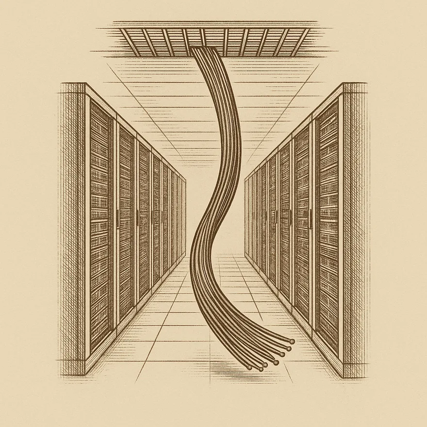 Engraving of a data-center aisle: two rows of server racks with a sweeping bundle of fiber-optic cables descending from an overhead tray